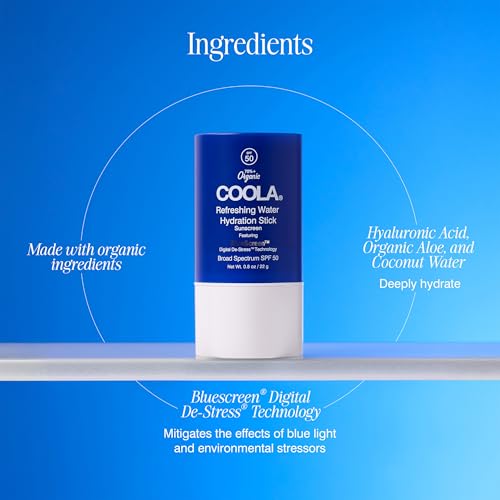 COOLA Organic Refreshing Water Stick Face Moisturizer with SPF 50, Dermatologist Tested Face Sunscreen with Plant-Derived BlueScreen Digital De-Stress Technology, 0.8 Oz