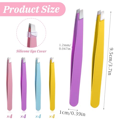 16 Pcs Slanted Tip Tweezers Set for Facial Hair Removal, Stainless Steel Precision Tweezers Bulk for Men Women Eyebrows, Ingrown Hair, Lash Extension