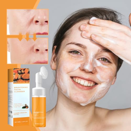 Turmeric Wash and Care 4 Piece Set, Turmeric Face Wash with Brush, Gentle Cleansing Moisturizing Skincare Set for Face Soap Bar | Mousse Cleanser | Essential Oil | Cleansing Pads