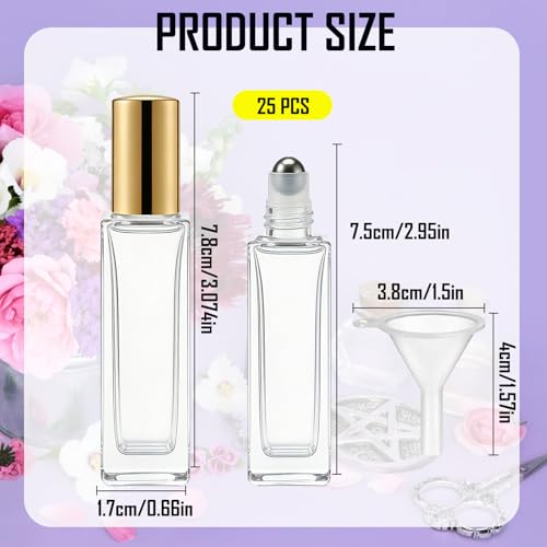 25 Pcs 10 ml Roller Bottles for Essential Oils, Square Thick Empty Glass Roller Bottles with Stainless Steel Roller Balls Protection Leakproof with 2 Funnel for Travel, Gold