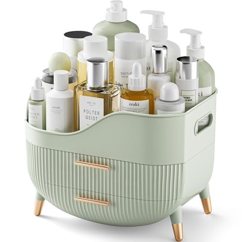 Makeup Organizer with Drawers, Green Skincare Organizer for Vanity, Storage Box with Handle, Large Cosmetic Display Case for Dresser, Bathroom Countertop