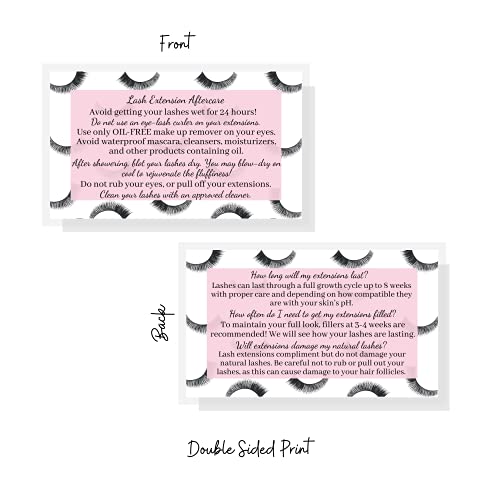 Lash Extension Aftercare Instructions Cards | Package of 50 | Eye Lashes with Pink Inlay Design Double Sided Size 3.5 x 2" inches After Care (3-4 Week Fillers)
