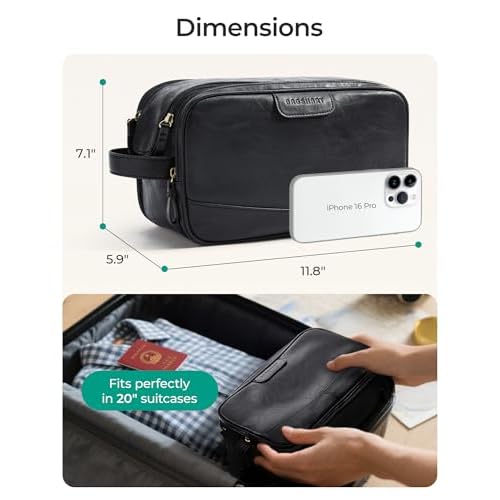 BAGSMART Large Toiletry Bag for Men, High-gloss PU Leather Travel Bag for Toiletries, Dopp Kit Water Resistant Shaving Bag for Bathroom Shower-Black