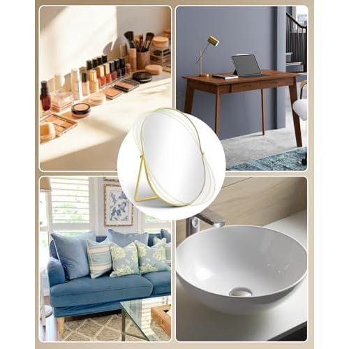 Vanity Desk Table Mirror, Adjustable Rotation Oval Tabletop Standing Makeup Mirror with Metal Framed for Living Room, Bedroom, Bathroom, Gold