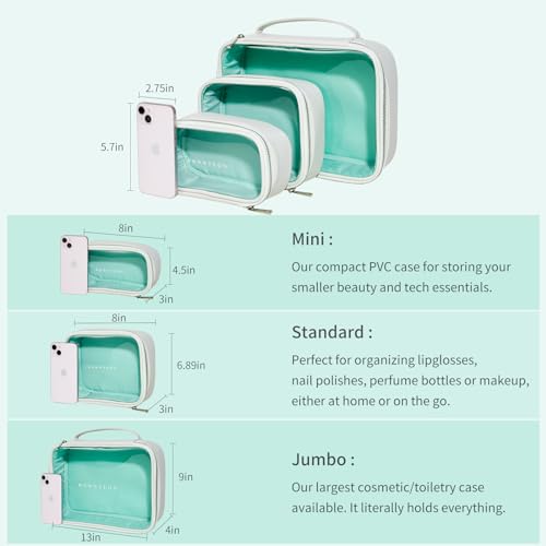 ROWNYEON Clear Makeup Bag,Leather Waterproof Cosmetic Bag,Travel Makeup Bag for Women,Portable Toiletry Bag Train Case with Zipper White(Small)