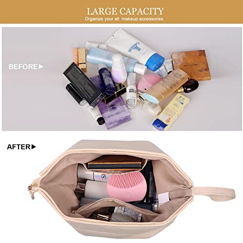 Abiudeng Large Capacity Makeup Bag Ladies Cosmetic Bag Travel Bag with Compartments Portable PU Leather Travel Makeup Bag with Handle