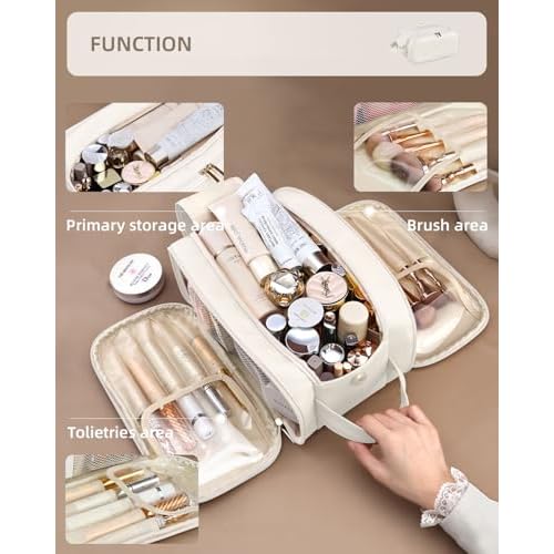 Travel Makeup Bag - Women's Portable Travel Organizer, Waterproof Cosmetic Storage Bag, Vertical Brush Holder for Easy Access