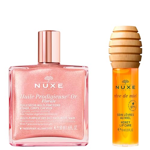 Nuxe Huile Prodigieuse Floral Shimmering Dry Oil (1.6 Fl Oz) & R?ve de Miel Honey Lip Gloss (0.33 Fl Oz), Skincare Duo for Radiant Skin & Lips