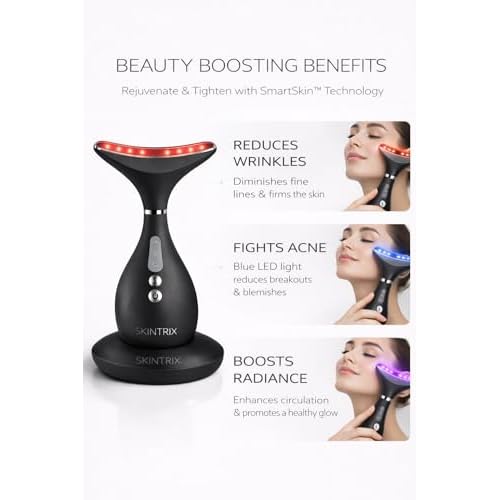 LED Face & Neck Device, 3-in-1 LED Light Therapy & Microcurrent Facial Device for Wrinkle Reduction, Skin Tightening & Lifting, Anti-Aging Non-Invasive Beauty Tool for Home Skincare (Black)