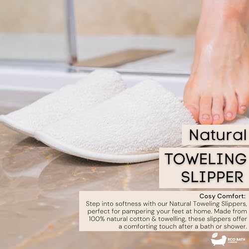 Natural Toweling Slippers - GOTS Certified 100% Organic Cotton, Ultra Soft, Machine Washable Indoor Slippers for Bath and Home S Size US (6-7 Women/5-6 Men)