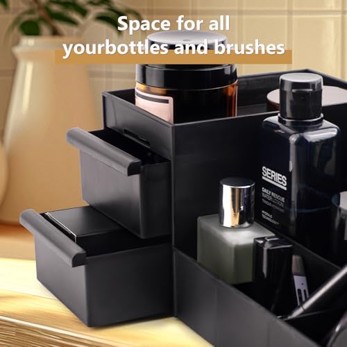 Black Vanity Organizer with Drawers ? Large Mens Countertop Storage Box for Cologne, Skincare, Makeup, Perfume ? Waterproof Dresser Organizer for Bathroom, Bedroom, Desk