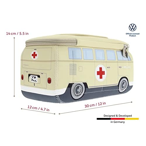 BRISA VW Collection - Volkswagen Neoprene Universal Makeup Cosmetics Toiletry Travel Pharmacy Bag in T1 Bus Design (Ambulance/Beige) (Large (11.8 x 5.5 x 4.7 inches))