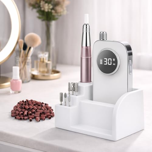 45000 RPM Nail Drill - Brushless Cordless Efile LCD Display & Heat Reduction Tech for Acrylic Gel Nails (White)