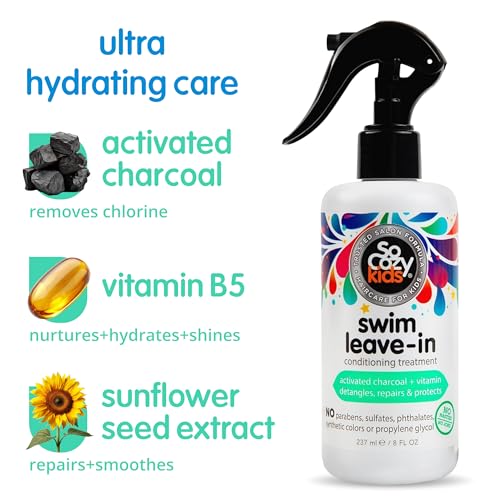 SoCozy Swim Leave In Conditioner Spray & Treatment for Kids Hair (8 Fl Oz) Protects & Repairs Pool, Sun & Salt Damaged Hair, Gentle Formula with Activated Charcoal, Vitamin B5 & Sunflower Seed Extract