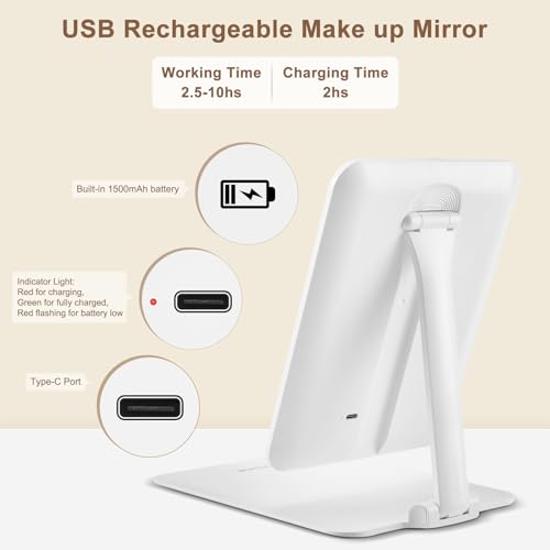 Lighted Travel Mirror with Rechargeable Light, Adjustable Stand & 3 Light Colors