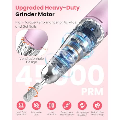 Nail Drill Professional 45000 RPM, Electric Nail File with LED Display & 45 Speeds, Rechargeable Nail Drill Kit for Acrylic Gel Nails, Manicure Pedicure at Home Salon (1800mAh-Pink)