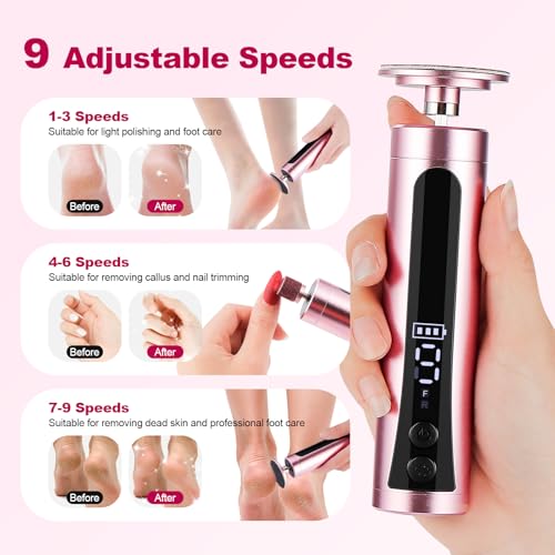 Rechargeable Callus Remover for Feet: Electric 2-in-1 Pedicure Tools - Foot File Grinder LCD Display 9 Adjustable Speeds 2 Sanding Heads 30 Sanding Paper