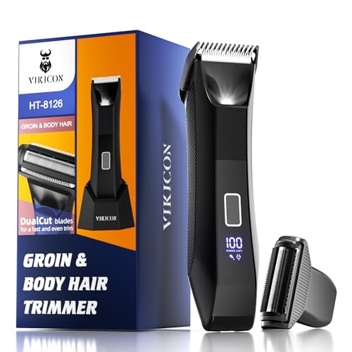 VIKICON 2-in-1 Manscape Trimmer & Shavers for Men: No-Nick Full Body Electric Razor for Pubic, Balls, Back Hair w/Dual-Head Trimmer & Foil Blades - Waterproof Groomer Kit w/Light, Travel Lock & Pouch