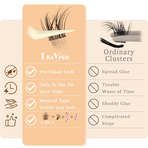 Travish Self Adhesive Eyelashes 10-14mm 80pcs D Curl No Glue Lashes Extensions Kit with Tweezers Press on Lashes No Glue Lash Clusters Natural Look Self Adhesive Lash Clusters