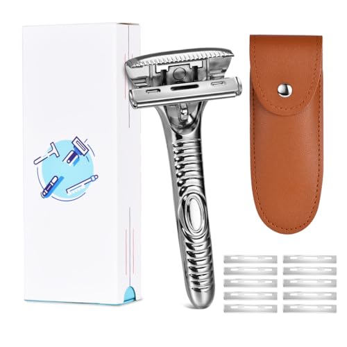 Single Blade Razors for Men and Women, Reusable Modular Safety Razor with Magnetic Head and Metal Non-Slip Grip, 10 Single Edge Razor Blades & Leather Case,Silver Roller