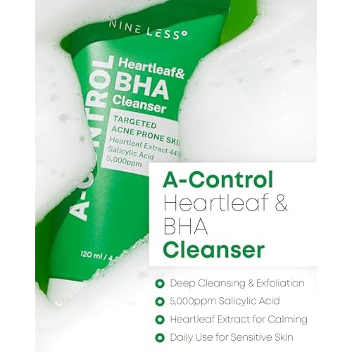 NINELESS A-Control Heartleaf & BHA Cleanser ? Korean Exfoliating Face Wash with Salicylic Acid for Clear Skin ? Blackhead Remover, Deep Pore Cleansing, 4.05oz.