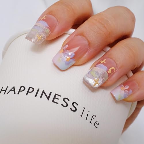 [GLORS] Purly Handmade Medium Ballerina Press on Nails | Oil Painting Style Flower in White and Nude French Tip Nails, 10 Pieces (Medium, MB)