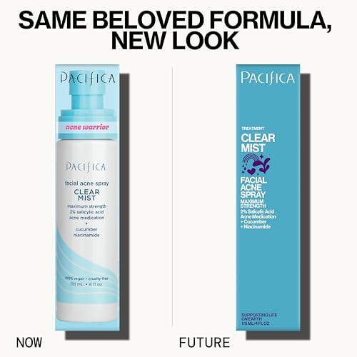Pacifica Facial Spray for Acne Treatment - Clear Face Mist Acne Spray w/ 2% Salicylic Acid Niacinamide & Aloe - Acne Cleanser - Targets Bacteria for Teens & Adults Vegan Clean Dermatologist Tested