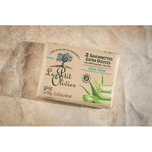 Le Petit Olivier Extra Mild Soap Bars - Aloe Vera - Gently Cleanses Skin - Delicately Perfumed - Vegetable Origin-Based - 2 Pc