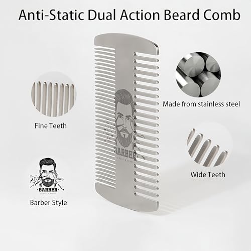 Metal Beard Mustache Comb for Men - Anti-Static Dual Action - Credit Card Size Stainless Steel EDC Comb, Lice Wallet Pocket, Fine Cutting Teasing Barber Hair Styling - Silver
