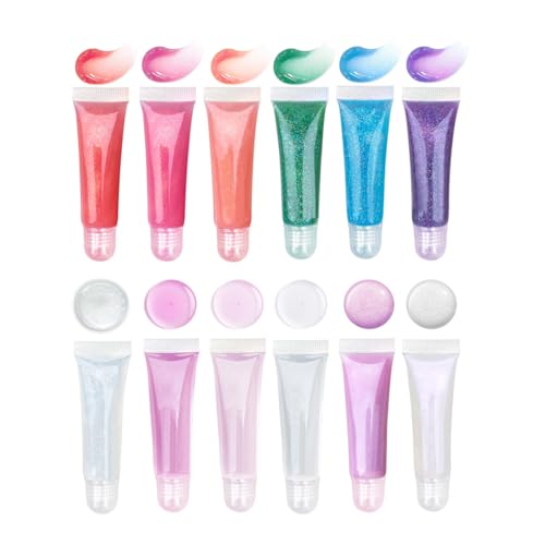 M&U Glitter Lip Gloss Set with Carrying Case, 12Pcs Assorted Flavors Moisturizing Shimmer Glossy Lip Party Favor Make-up for Kids and Teens Ages 5+