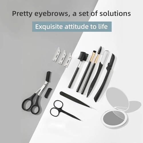 13-in-1 Eyebrow Trimming Kit with Double Magnification Vanity Mirror, Eyebrow Grooming Kit for Women/Men, Includes Scissors with Comb, Straight and Folding Razors, Brushes, Tweezers, Replacement Head