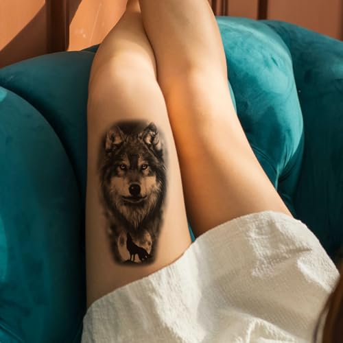 2 Sheets Realistic Animal Temporary Tattoos Stickers Moon Roar Wolf Designs For Men Waterproof Arm Leg Fake Body Art, Gym & Parties Bold Masculine Decals