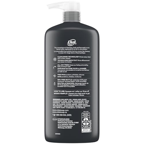 Dial Men 3 in 1 Body,Hair and Face Wash,Refresh,16 Fl Oz,Cleanses Deep + Gentle on Skin with Clean Rinse Technology,(Pack of 6)