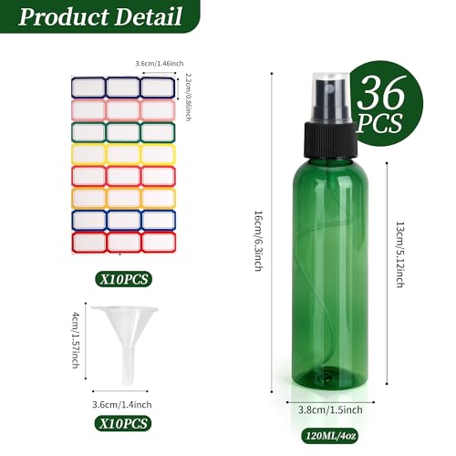 36 Pack Fine Mist Small Spray Bottles 4 oz/120 ml Plastic Spray Bottles, Empty Small Travel Spray Bottle, Refillable Mini Sprayer Bottle Bulk with Funnels and Labels, Green