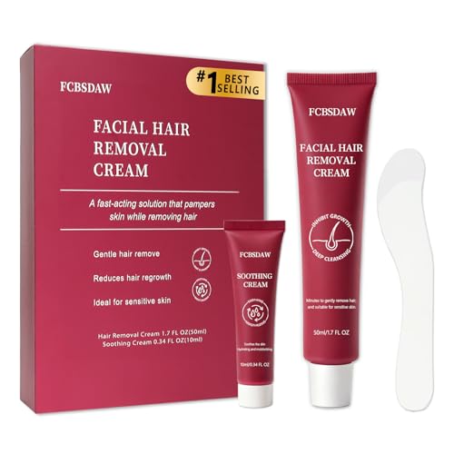 Painless Facial Hair Removal Cream for Upper Lip, Chin and Peach Fuzz - Women's Depilatory Cream Kit with Soothing Cream, Fast Acting 4-Min Formula Safe for Sensitive Skin,2.04 FL oz(Box of 1)