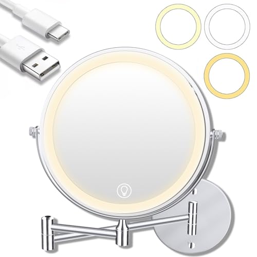 Unimiro 9inch Wall Mounted Makeup Mirror with Light, 1x/20x 5000mAh Rechargeable Magnifying Mirror with Light, 360¡Æ Rotate Bathroom Mirror with Lights, 3 Color, 80 LEDs, Stepless Dimmable