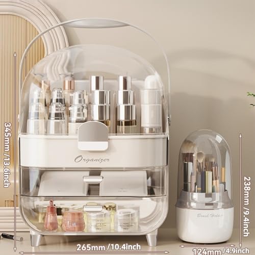 Makeup Organizer, Skincare Organizers with Clear Lid & 2 Drawers and 360¡Æ Rotating Brush Holder
