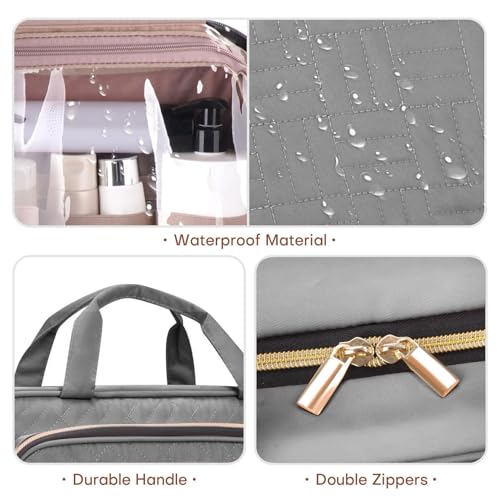 Toiletry Bag for Women with Jewelry Organizer Compartment, Jewelry Boxes for Gifts, Travel Makeup Cosmetic Bag with Hanging Hook for Full-sized Toiletries, Shampoo - Grey, Gifts for Women