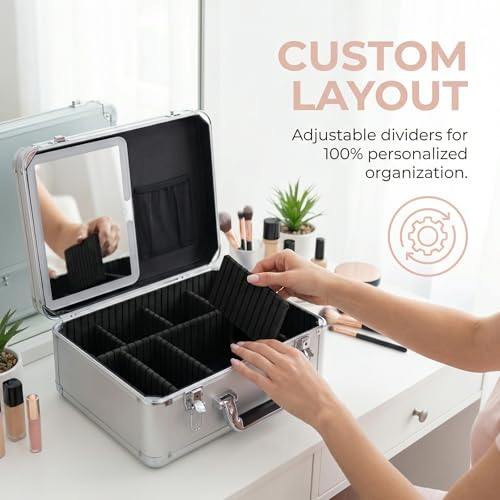 CHENGLIN Makeup Case with Lighted Mirror ? Waterproof Travel Train Case, Cosmetic Organizer with Adjustable Dividers, Magnetic LED Mirror, Portable Makeup Suitcase for Women (Silver)