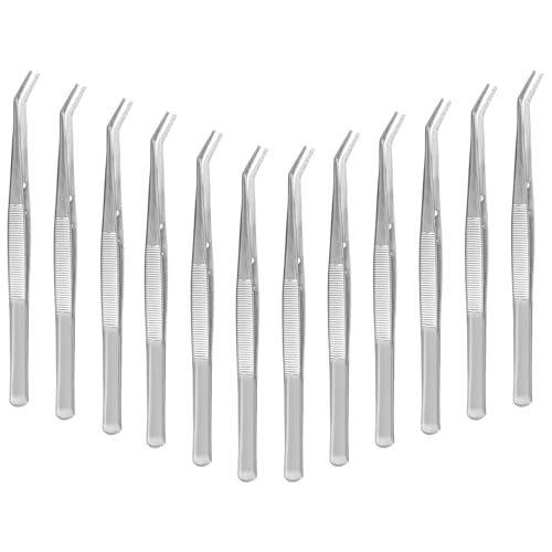 12 Pcs Stainless Steel Tweezers Multipurpose Sewing Machine Forceps Bulk with Curved Serrated Tip for Crafting (Silver)