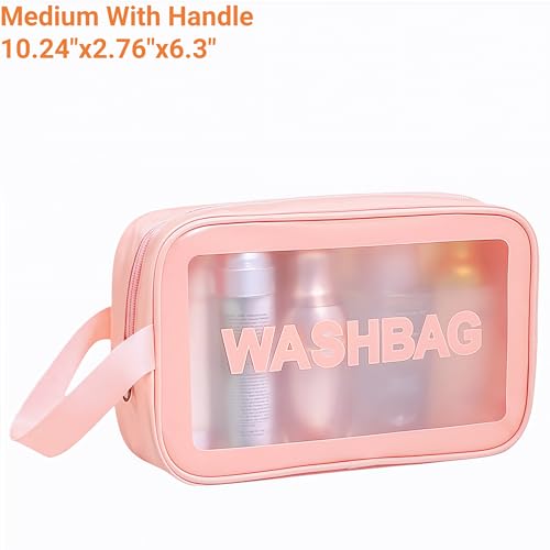 Waterproof Clear Frosted Travel Toiletry Bag For Men & Women: 3-Size Handle Cosmetic Case + 4 Pre-Labeled 2Oz Bottles & Sticker. Large Washbag Organizer. (Soft Pink)