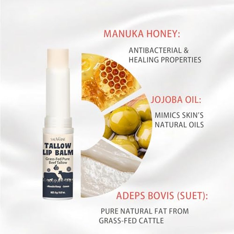 Tallow Lip Balm With Grass-Fed Beef Tallow & Manuka Honey Long-Lasting Moisturizing Lip For Cracked and Dull Lip, Natural Balm 5g/0.17oz