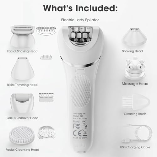 Epilator for Women, 7 in 1 Epilator Hair Removal for Women, Shaver, Bikini, Face Razor, Facial Brush, Face Massage and Body Exfoliator, Waterproof Painless Lady Shaver (White 227)