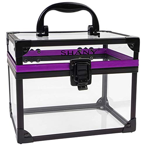 SHANY Clear Cosmetics and Toiletry Train Case - Clear Travel Makeup Bag Case Organizer with Secure Closure and Black/Purple Accents - Large
