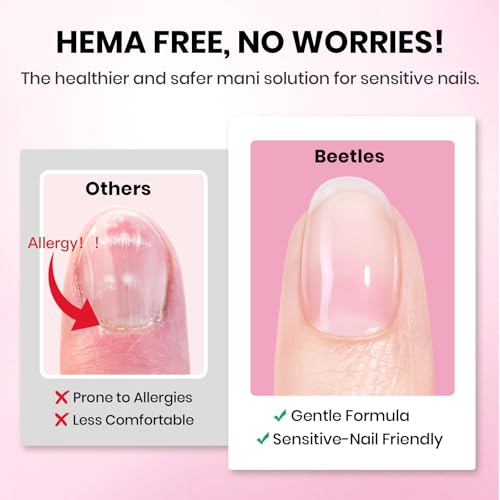 Beetles Gel Nail Kit Etch-X, Almond Short, 288pcs 12 Sizes Nail Tips, 3Pcs 15ml HEMA-Free Nail Glue Top Coat & Base Gel Set, with Mini Lamp, Press On Nail, Long Lasting Extension DIY Set at Home