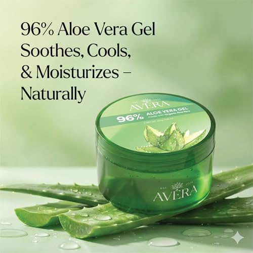 Avera Organic Aloe Vera Gel for Face & Body, 96% Pure Aloe Gel, Ideal for Skin, Scalp, & Hair Hydration, Calming Moisturizer for Soothing After Sun Care, 7.05oz
