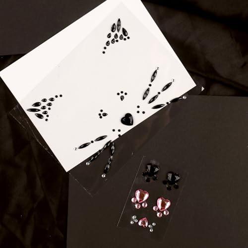 Black Cat Face Gems, Pink Cat Print Jewels, Face Crystal Jewels, Fake Cat Lash Gems Tattoo Eye Stick on for Men, Women, Kids, Halloween Prank Makeup Costume