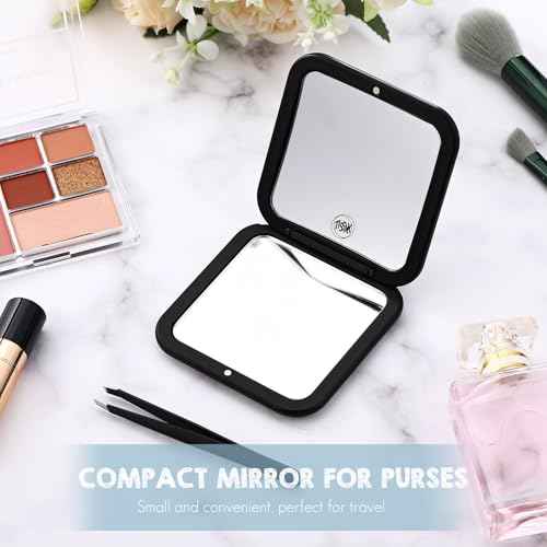 Geetery Travel Compact Magnifying Mirror with Tweezers, 1X/15X Magnification, 3.35'' x 3.35'' Pocket Size, Folding Makeup Mirror, Portable for Travel and Purses (Black)
