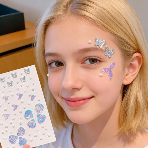 140 pcs Mermaid Face Gems & Seashell Rhinestones -Waterproof Self-Adhesive Face Jewels for Festival, Rave, Cosplay, Body Art (Pearl & Glitter) - Beach Party, Birthday, Carnival Makeup Accessories