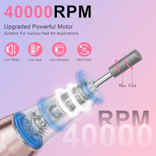 Professional Electric Nail Drill 40000RPM for Salon Home Use, Cordless Rechargeable Nail File Machine Kit with 12PCS Bits for Acrylic Gel Nails, Portable Efile Manicure Pedicure Tool (Pink Blue)